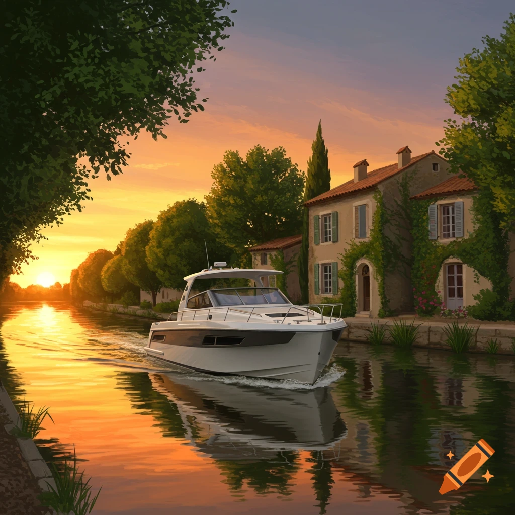 A white boat glides down a canal past an ivy-covered house at sunset, rendered in an illustrated style.