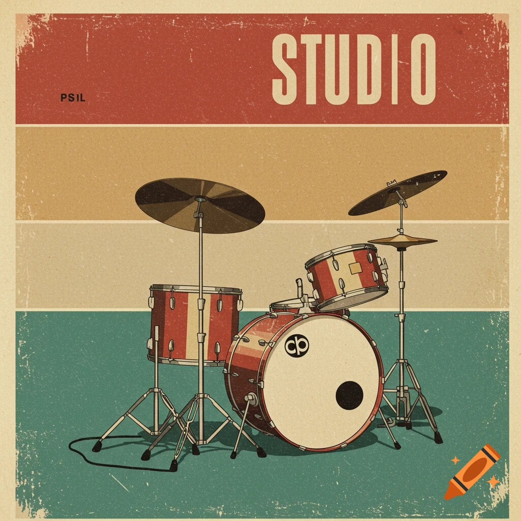 Vintage illustration of a red and white drum kit on a retro background with horizontal stripes of red, tan, and teal. The text 'STUDIO' is at the top.