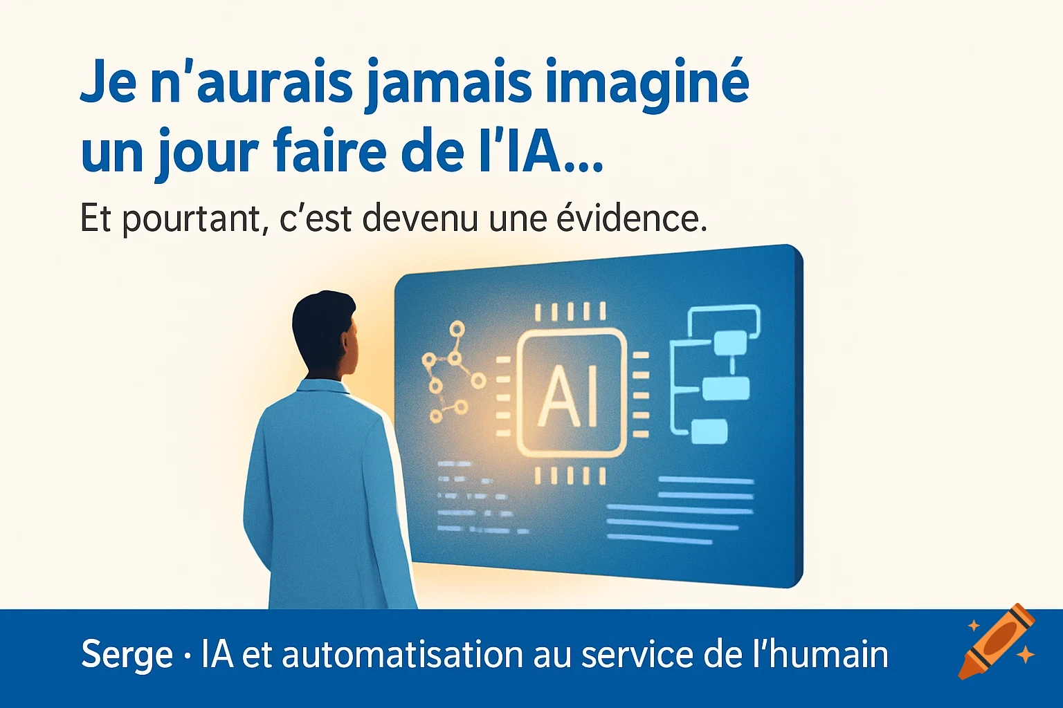 A person in a blue shirt stands with their back to the viewer, looking at a large blue digital screen displaying an illuminated AI chip and data flow symbols, with French text about AI discovery and automation.