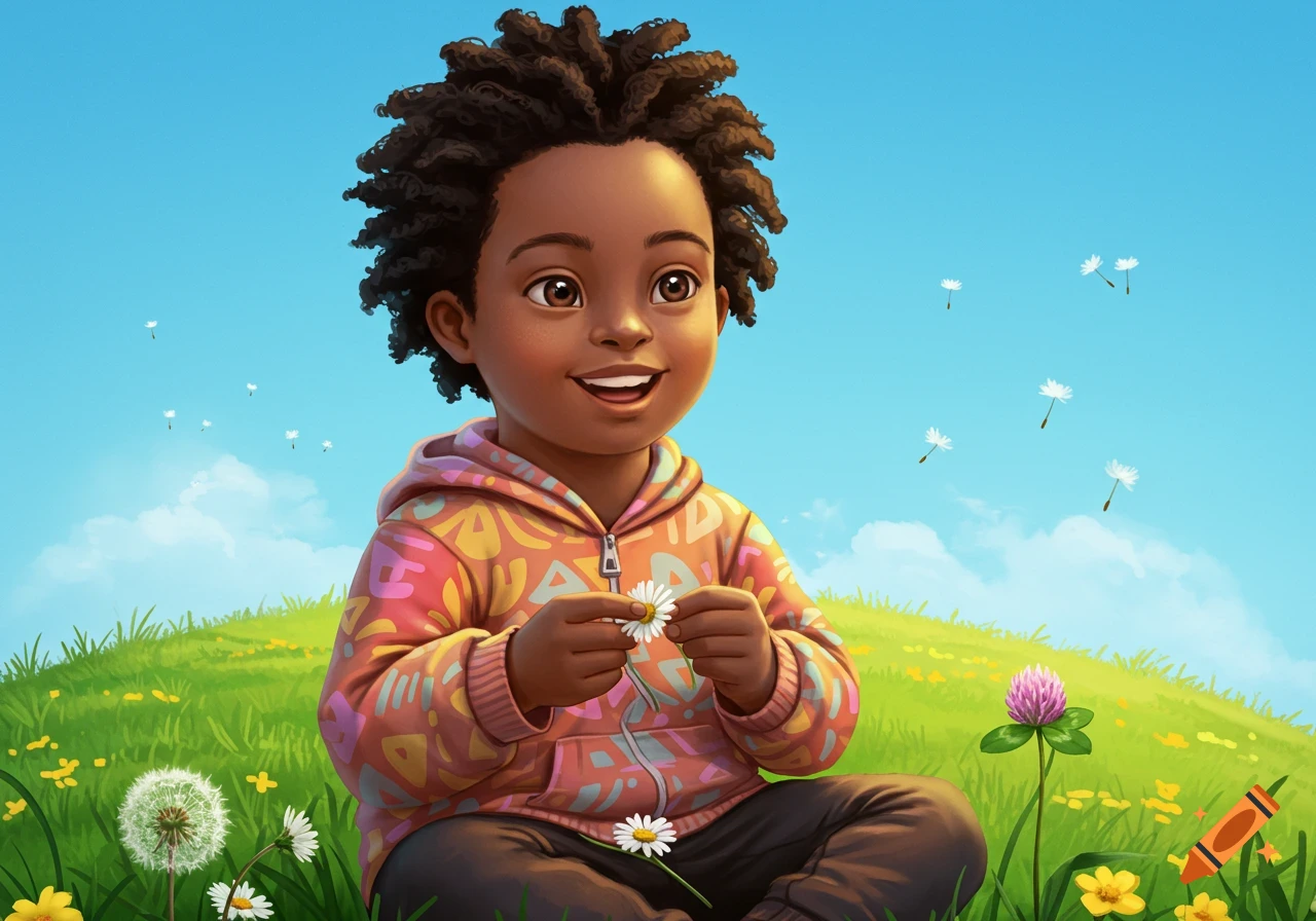 A smiling Black boy with curly hair sits in a sunny green field, holding a daisy, with dandelion seeds floating. Illustrated style.