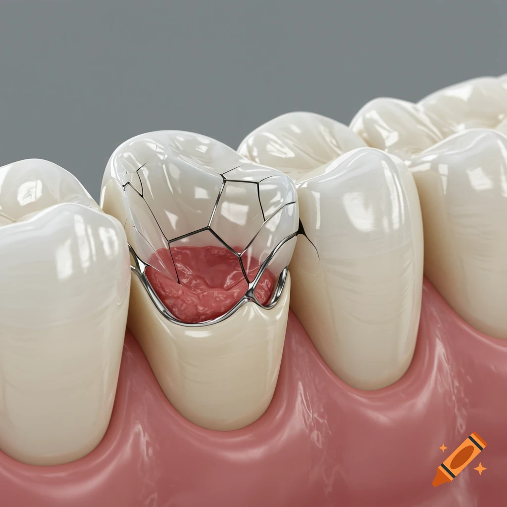 A 3D rendered close-up of a broken molar tooth with a fractured crown revealing the red pulp, surrounded by healthy gum tissue and other teeth.