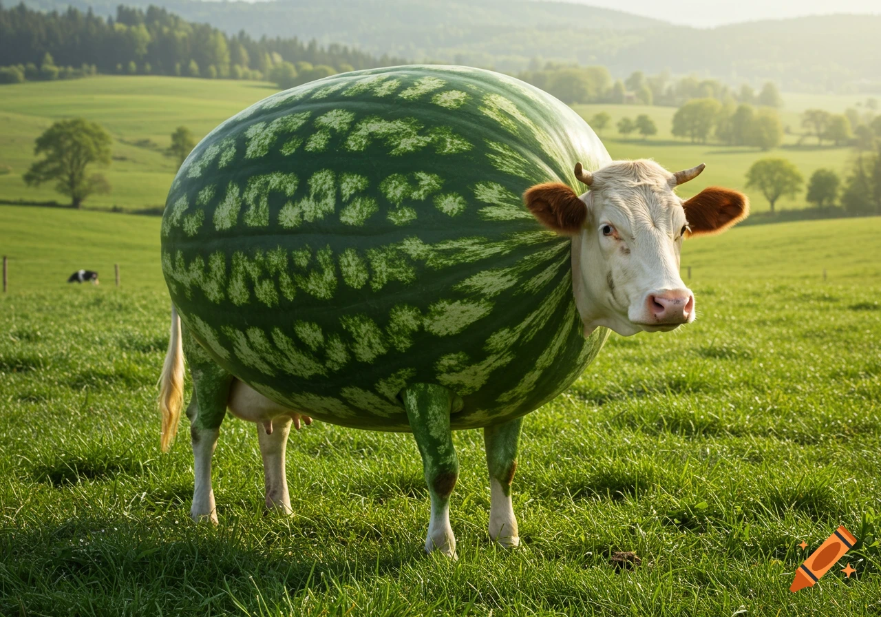 A photorealistic cow with a watermelon body stands in a sunny green field with hills and trees.