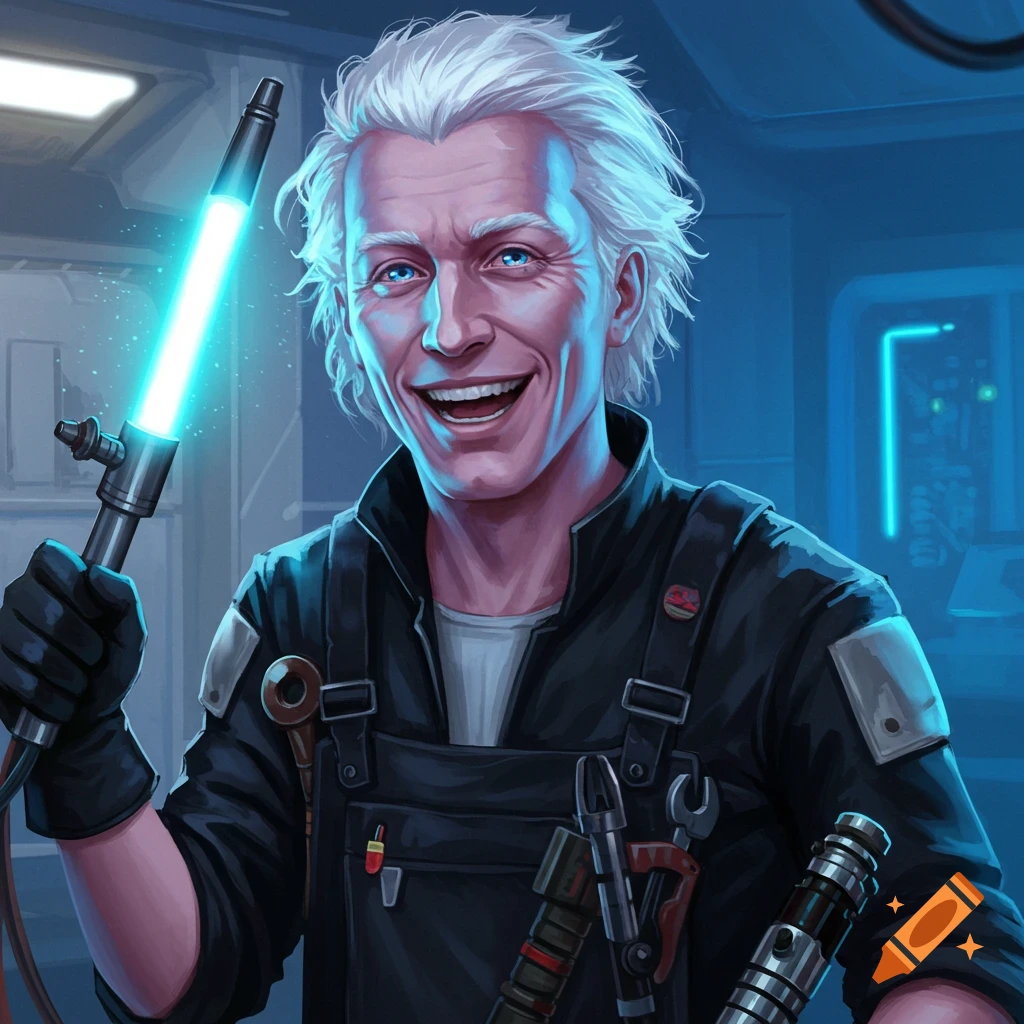 Smiling man with white hair, blue eyes, in black coveralls, holding a glowing plasma torch and tools, with a lightsaber hilt.