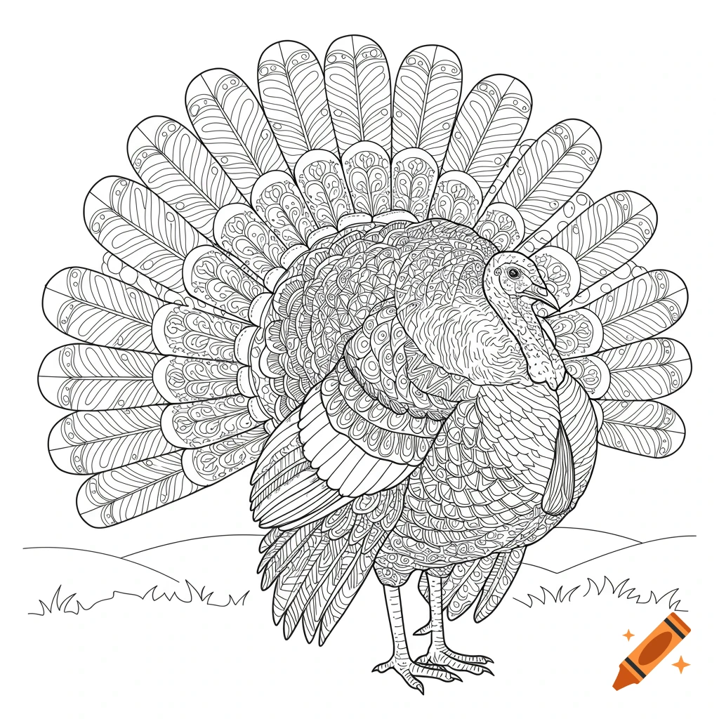 A black and white line art drawing of a turkey with fanned tail feathers, standing on a grassy background, suitable for a coloring page.