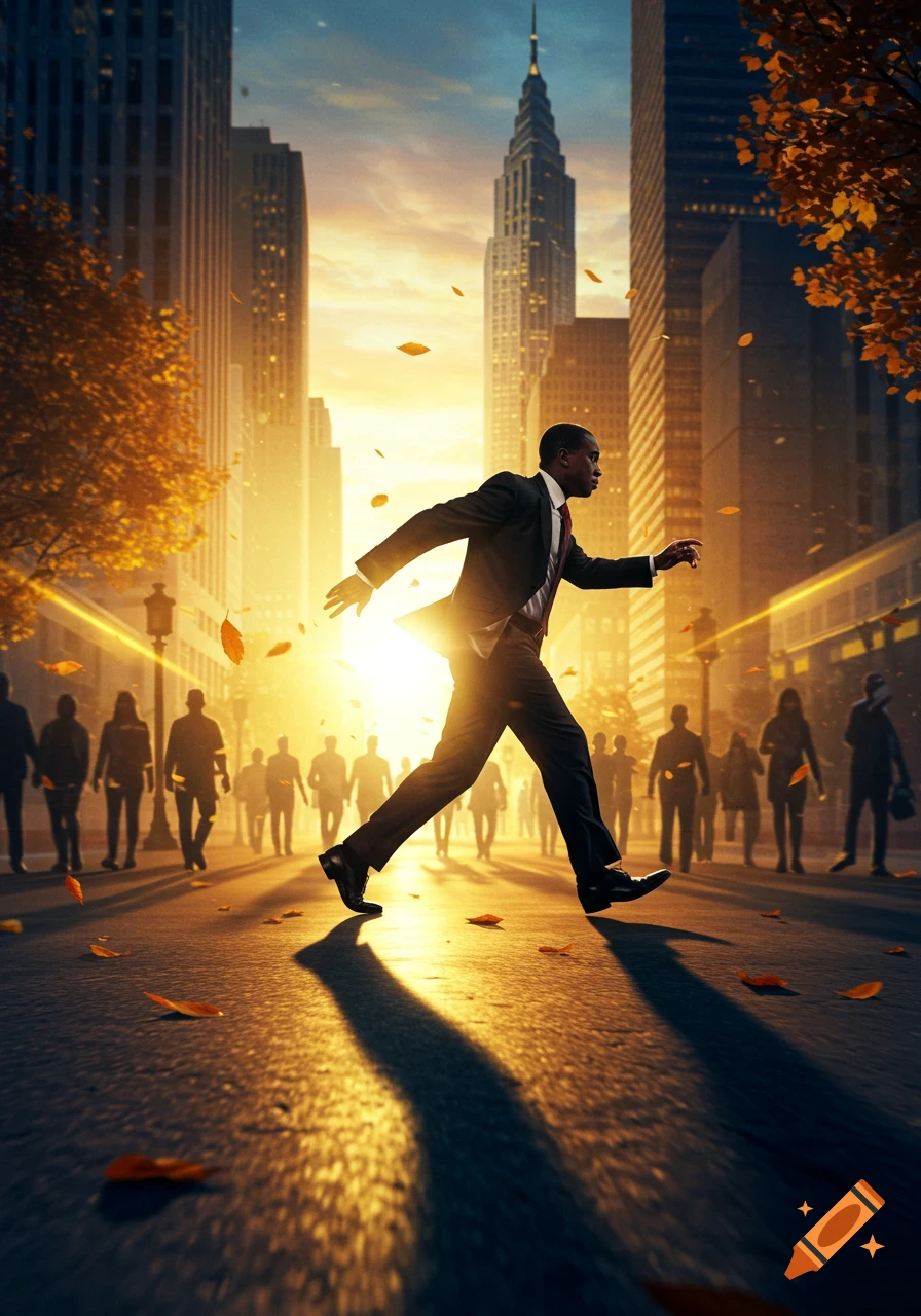A man in a suit runs through a city street at sunset, with autumn leaves falling and blurred figures in the background.