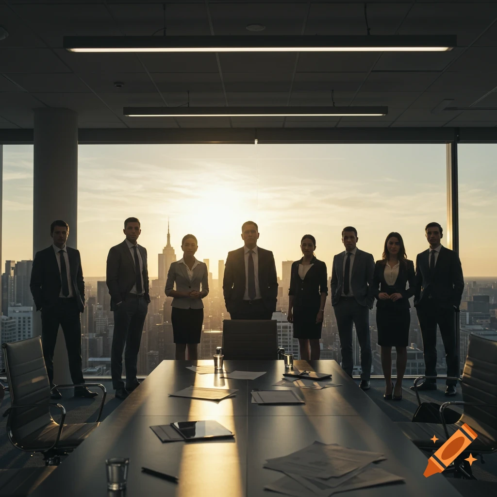 A photorealistic image of an executive team standing in a modern office, backlit by a sunset cityscape.