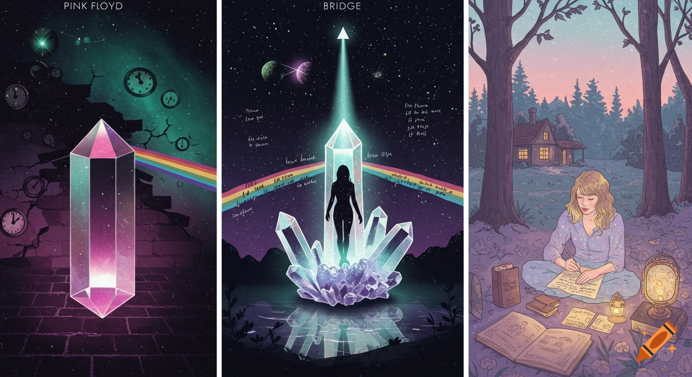 A stylized triptych. Left: a glowing crystal prism with a rainbow, clocks, and a cracked wall under a dark sky, labeled "PINK FLOYD." Center: a female silhouette in front of crystals, with planets, stars, and illegible floating text, labeled "BRIDGE." Right: a woman writing in a forest with a cottage in pastel colors.