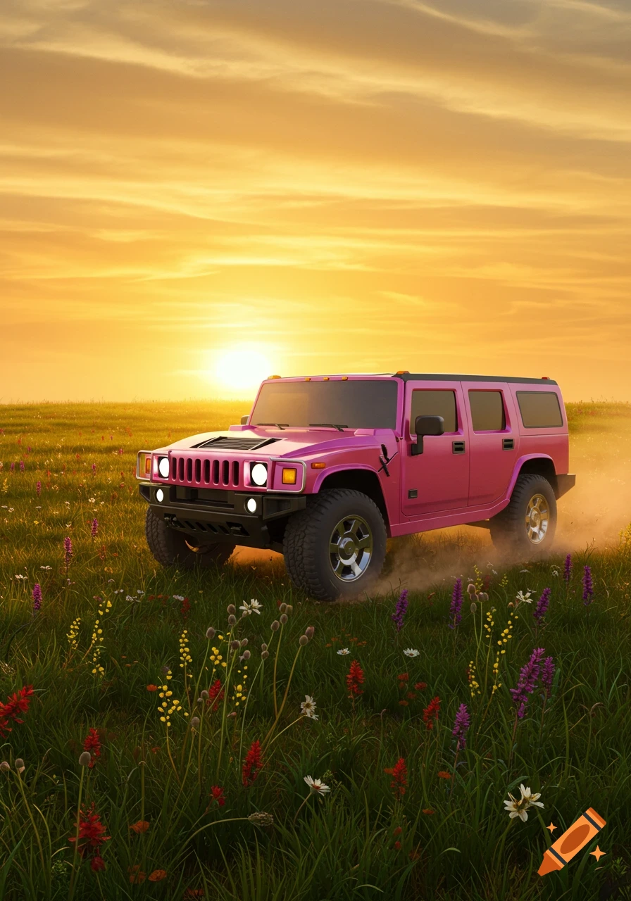 A pink Hummer drives through a grassy field with colorful wildflowers at sunset, kicking up a small dust trail.