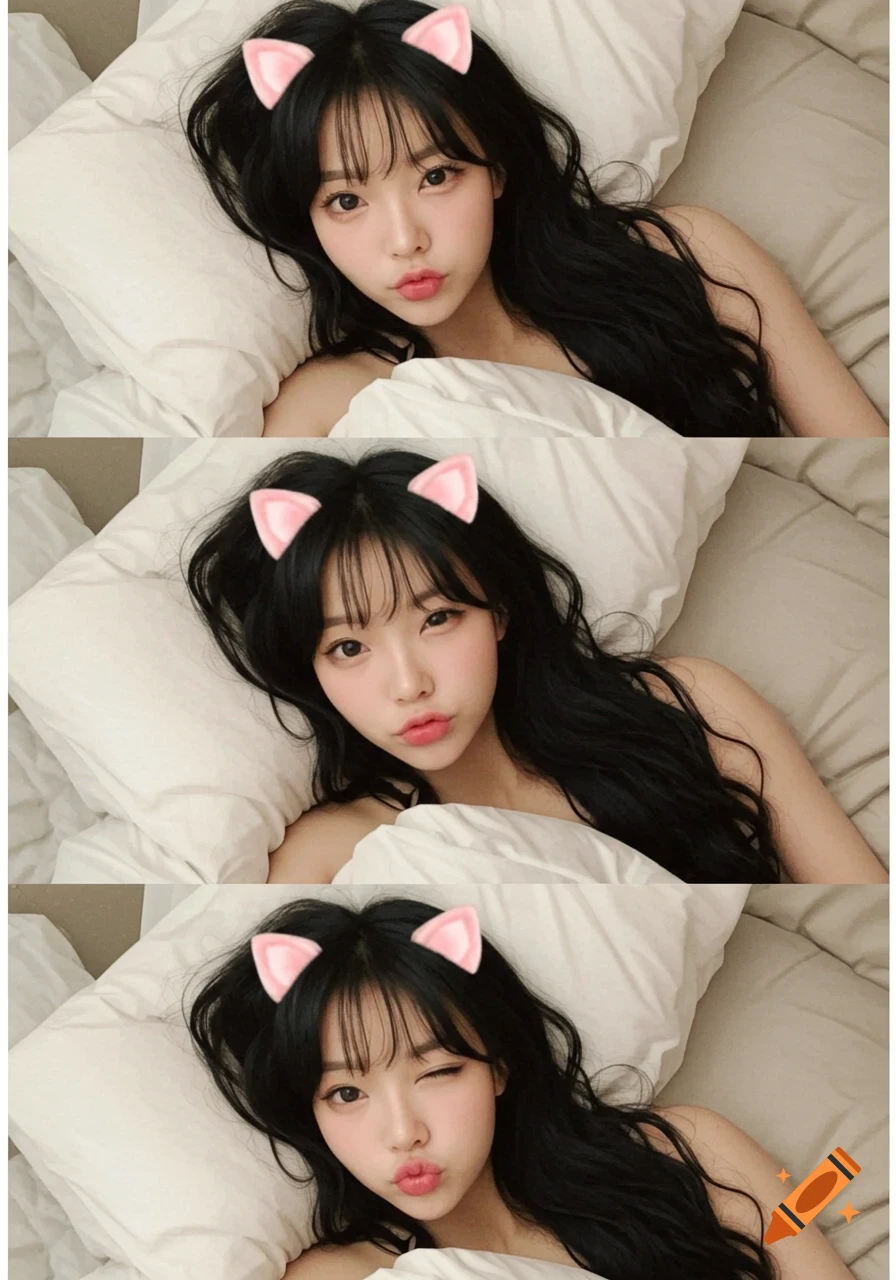 Three-panel webcam-style photo of a Korean woman with long black hair and pink cat ears lying in bed, winking in the last frame.