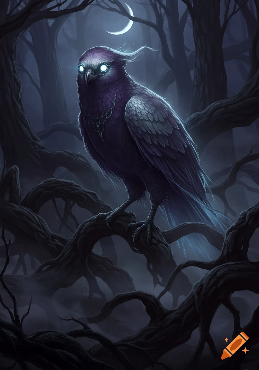 A glowing-eyed purple bird perches on gnarled branches in a dark, misty forest under a crescent moon, in a fantasy art style.