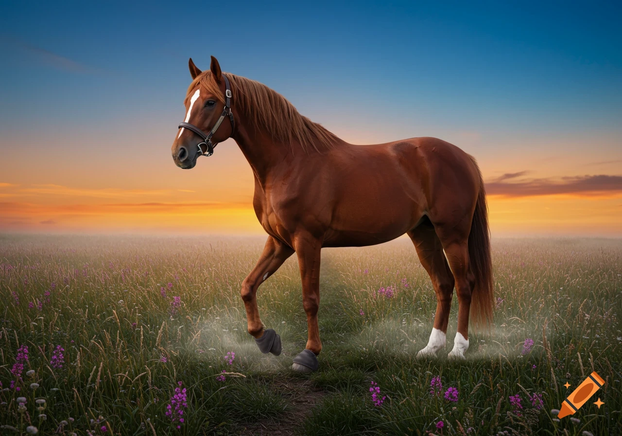 A brown horse with human-like feet walks through a field of purple flowers under a sunset sky.