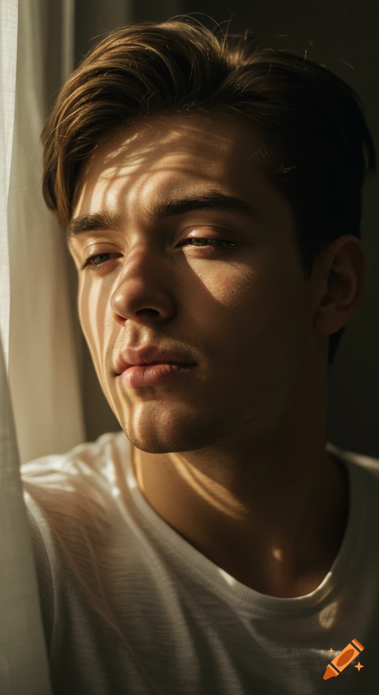 Close-up cinematic portrait of a young man with sunlight streaming through curtains, casting striped shadows on his contemplative face.