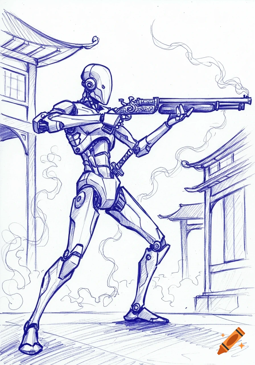 Blue ballpoint pen sketch of a robot warrior aiming a blunderbuss in a traditional Japanese village.