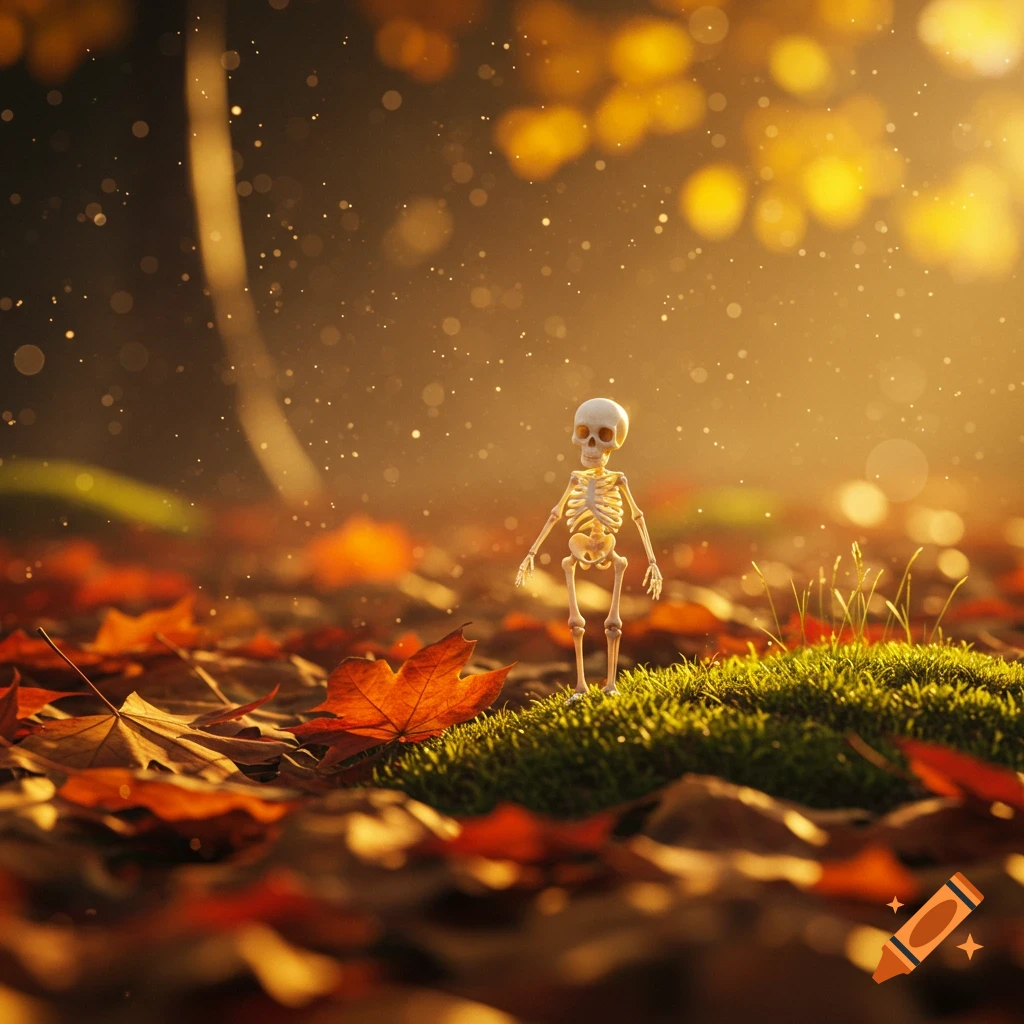 A tiny skeleton stands on a mossy patch surrounded by fallen autumn leaves in a sun-dappled forest.