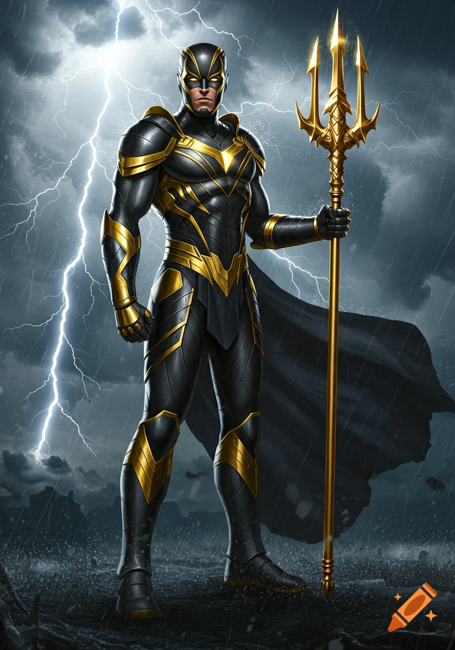 A superhero in black and gold armor and mask stands in a stormy, rainy landscape with lightning, holding a golden trident.