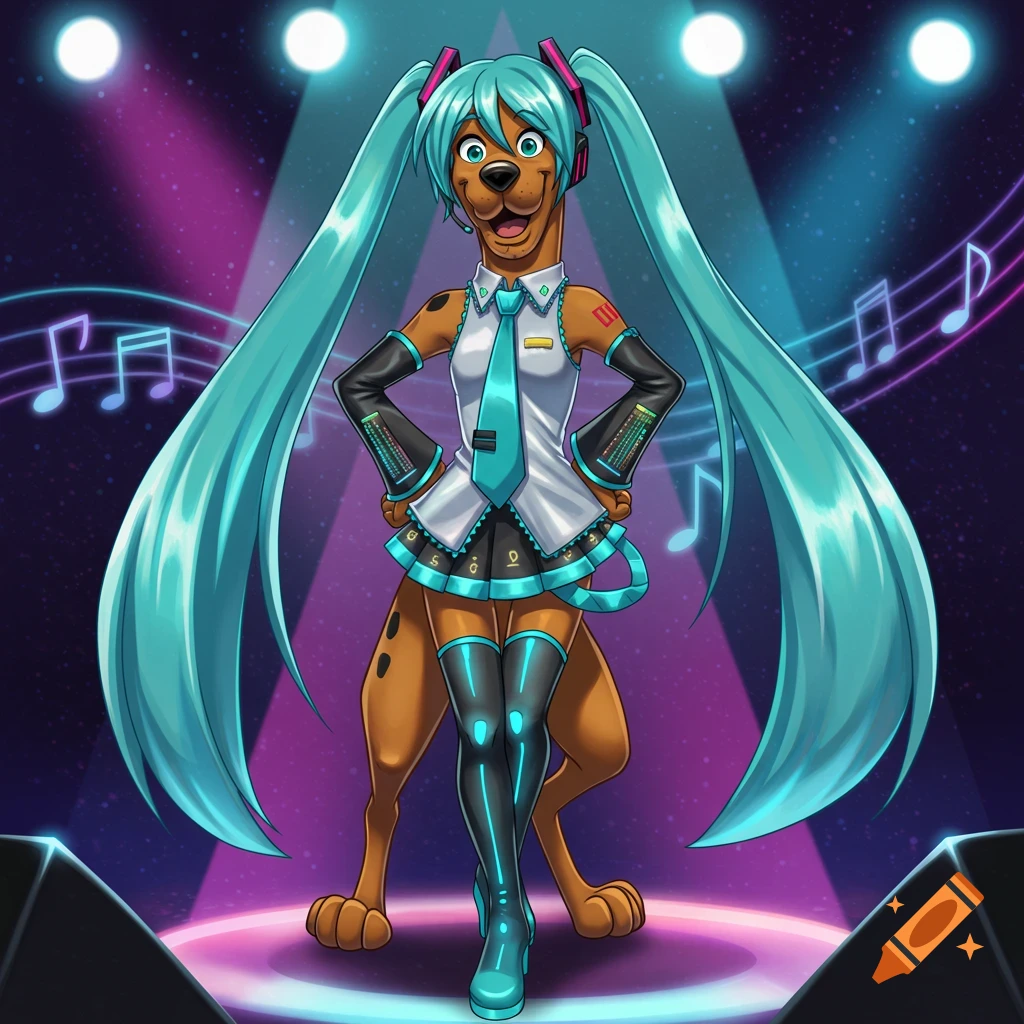 Scooby Doo dressed as Hatsune Miku stands on a stage with spotlights and musical notes in a cartoon style.