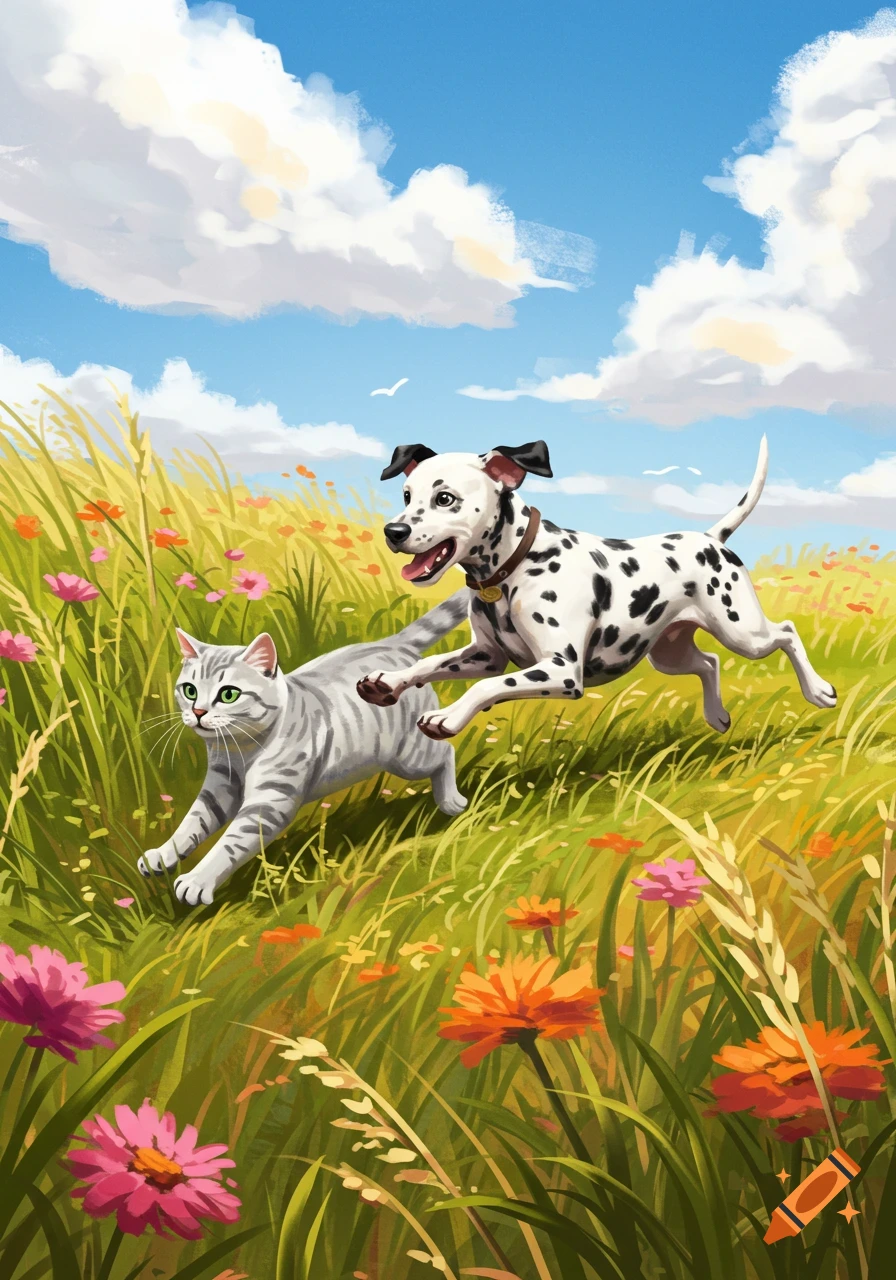 A gray tabby cat and a Dalmatian dog joyfully run through a vibrant green field filled with colorful flowers under a bright blue sky, in an energetic illustration style.