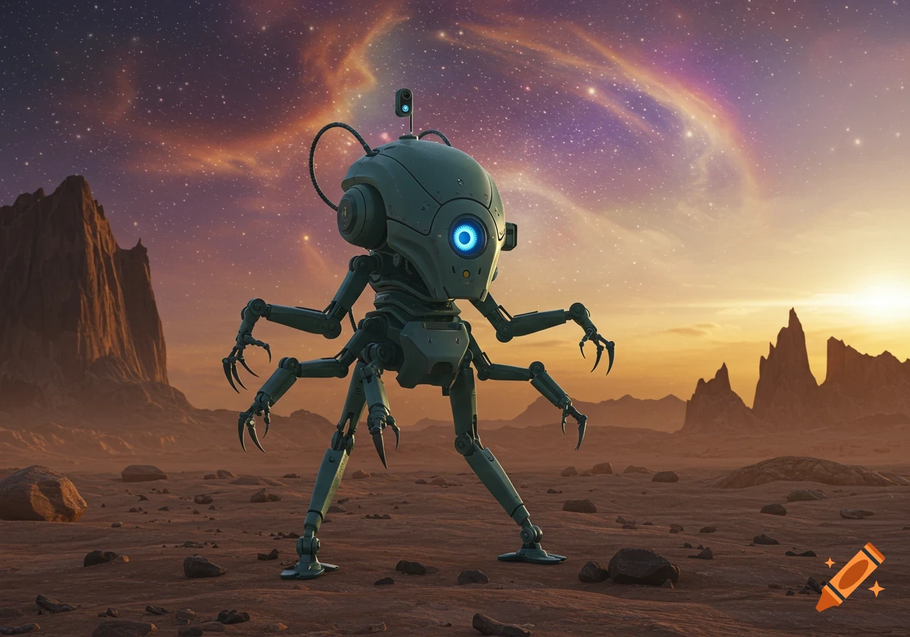 A photorealistic robot with a blue eye and six clawed tentacles stands on a desolate alien planet at sunset under a purple and orange nebula.
