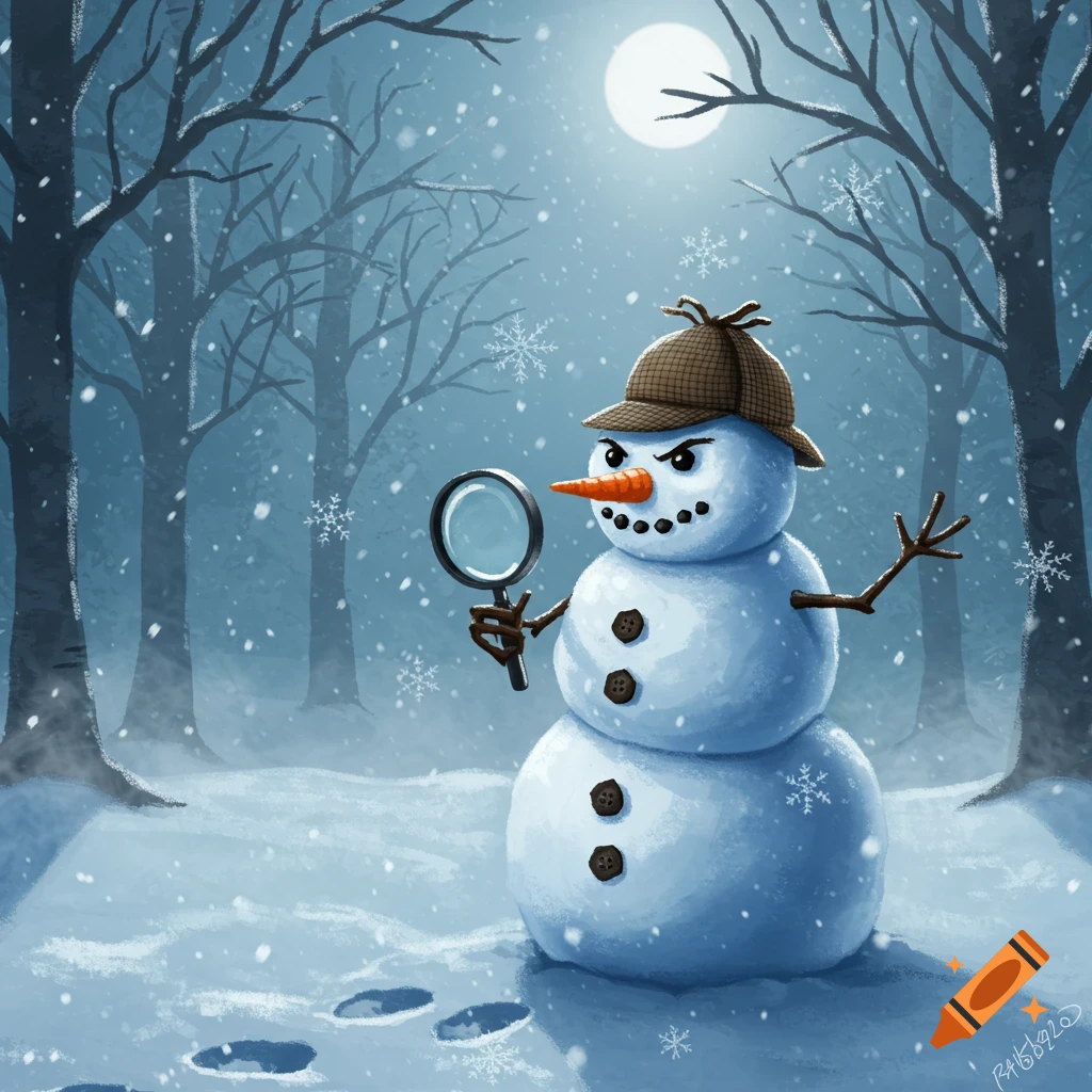 A snowman detective in a deerstalker hat holds a magnifying glass in a snowy forest at night with falling snowflakes.