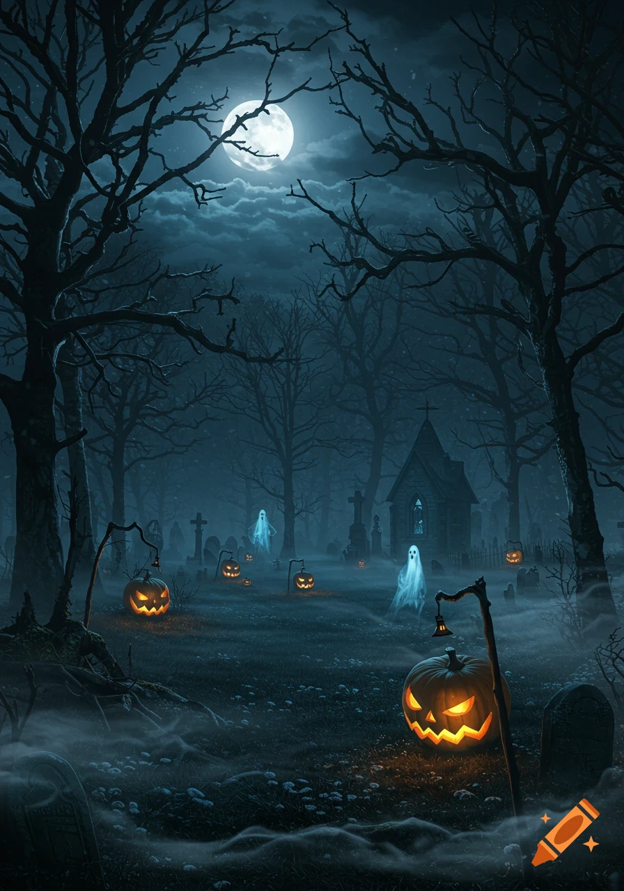 A spooky graveyard scene at night under a full moon, with bare trees, glowing jack-o'-lanterns, and ethereal white ghosts floating amidst mist.