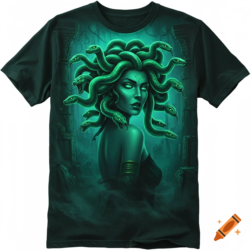 A dark fantasy t-shirt design features a glowing green Medusa with snakes for hair, set against a misty backdrop of ruins.