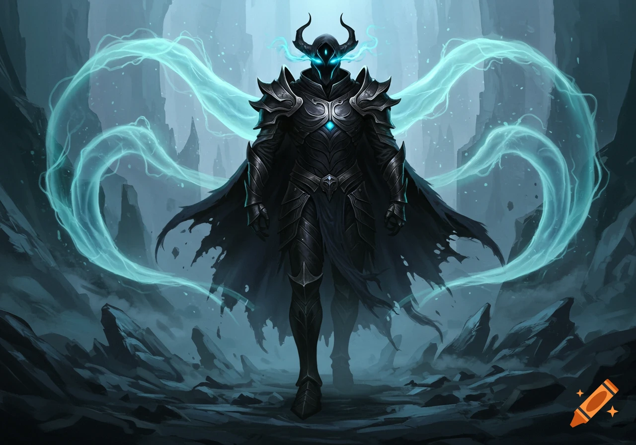 A formidable armored warrior with glowing blue eyes and horns, shrouded in a tattered cape, stands amidst swirling light blue energy in a desolate, rocky landscape.