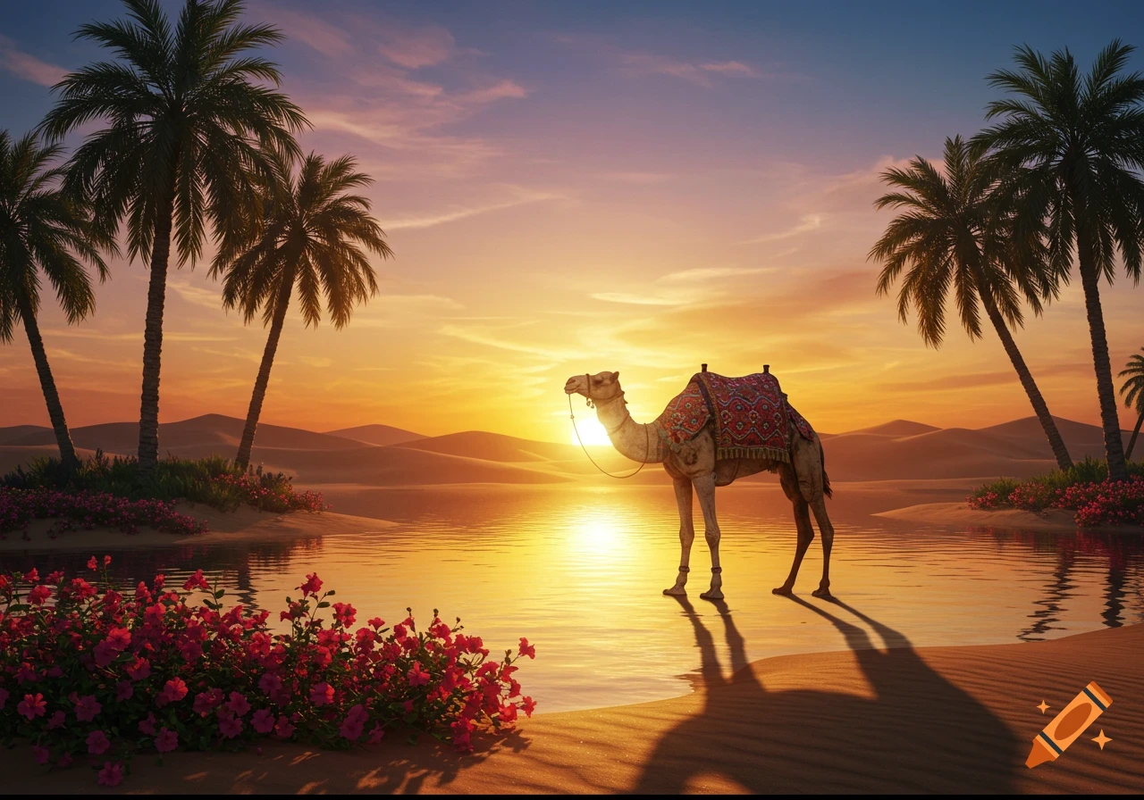 A camel with a patterned blanket stands by an oasis in a desert at sunset with palm trees and red flowers.