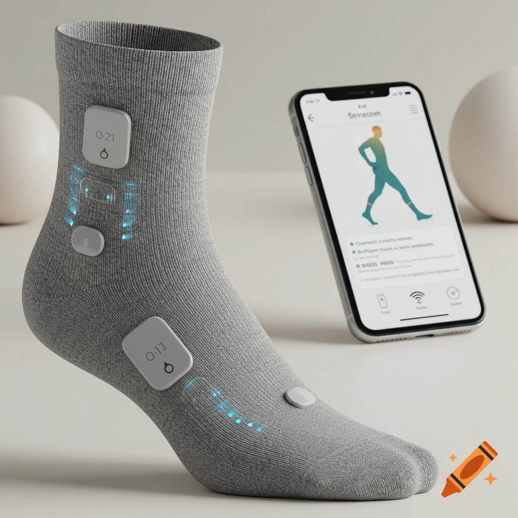 A grey smart sock with sensors and blue light trails, next to a smartphone displaying a posture analysis app. Photorealistic style.