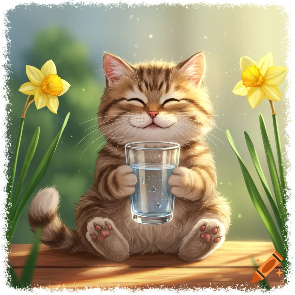 A cute, happy, fluffy tabby cat sits on a wooden surface, holding a glass of water, with yellow daffodils in a bright, illustrative background.