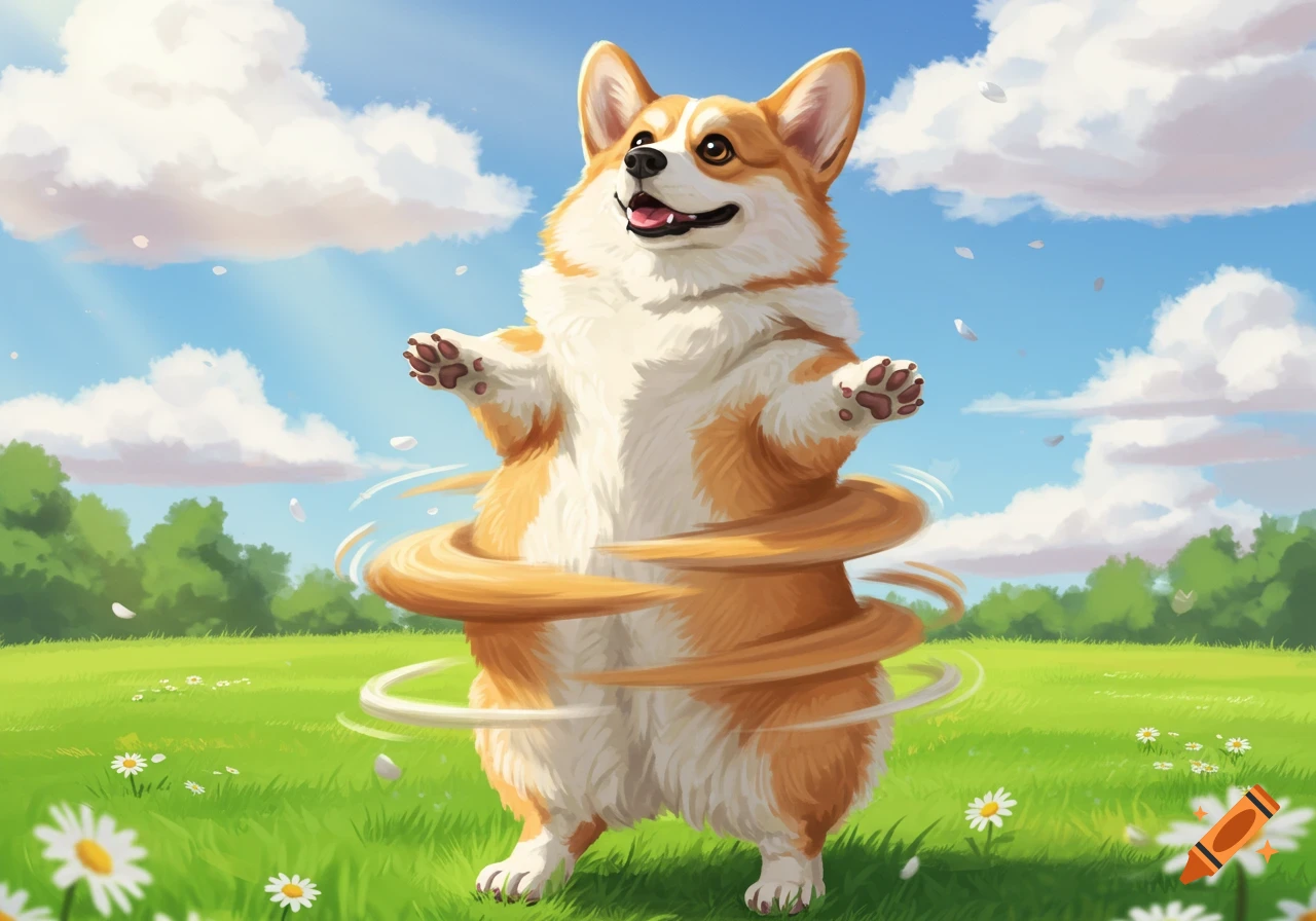 A happy corgi stands on its hind legs in a green field with white daisies and fluffy clouds, its body surrounded by a whimsical golden swirl.