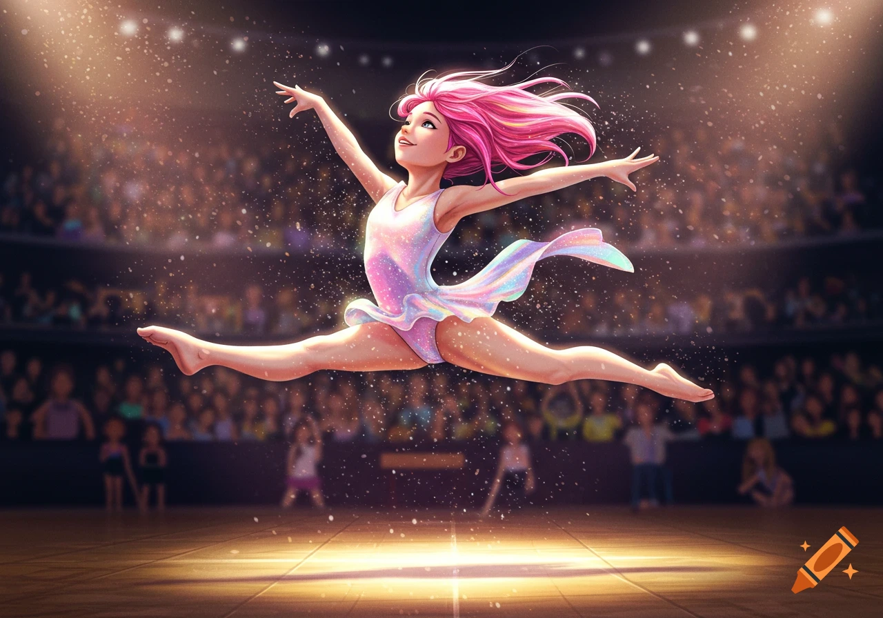 Vibrant illustration of a girl with pink hair performing a graceful split leap on a spotlighted stage.