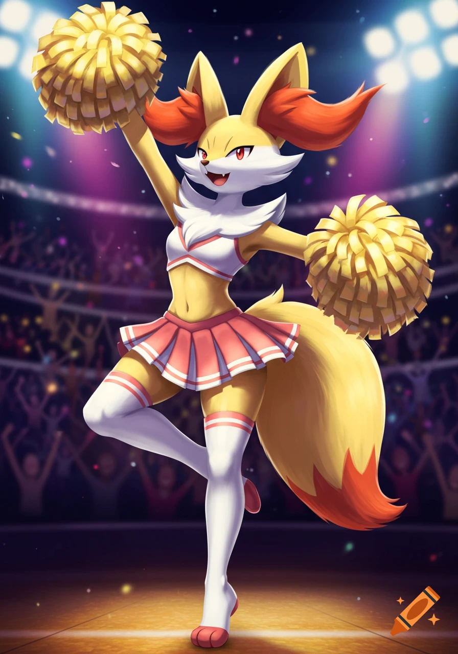 Braixen Pokemon as a cheerleader in a white and pink outfit, holding gold pom-poms in a brightly lit stadium, anime style.