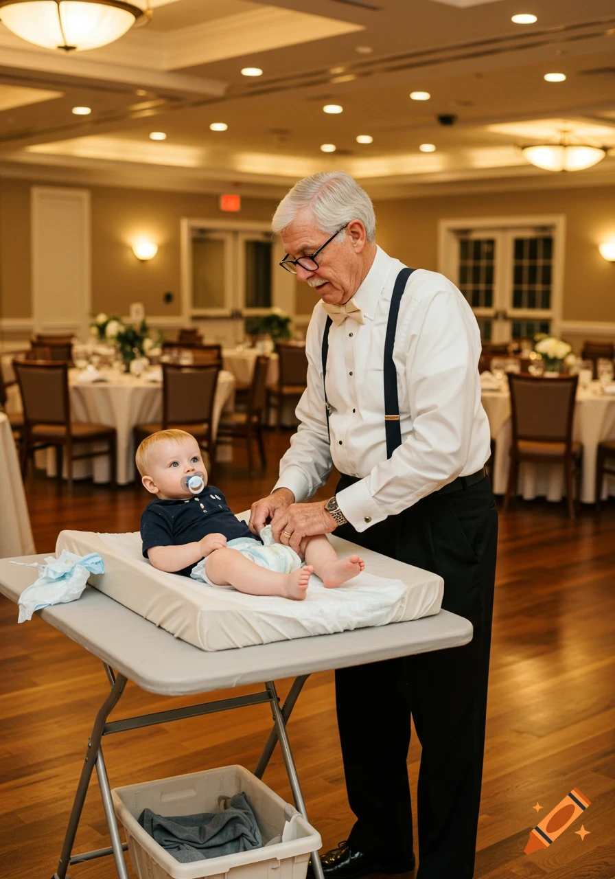A senior man in a white shirt and suspenders changes a baby's diaper on a changing table in a formal banquet hall.