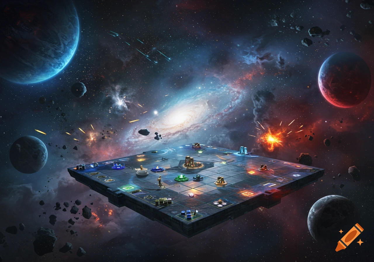 A futuristic board game floating in deep space, surrounded by planets, a spiral galaxy, nebulae, and asteroids.