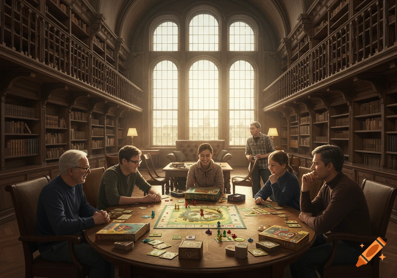 A diverse group of people plays board games around a large wooden table in a grand, sunlit library with tall arched windows and many bookshelves.