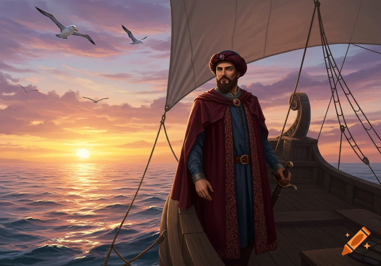 A bearded man in a red cape and turban stands on a sailing ship at sunset, holding a sword as seagulls fly over the ocean.