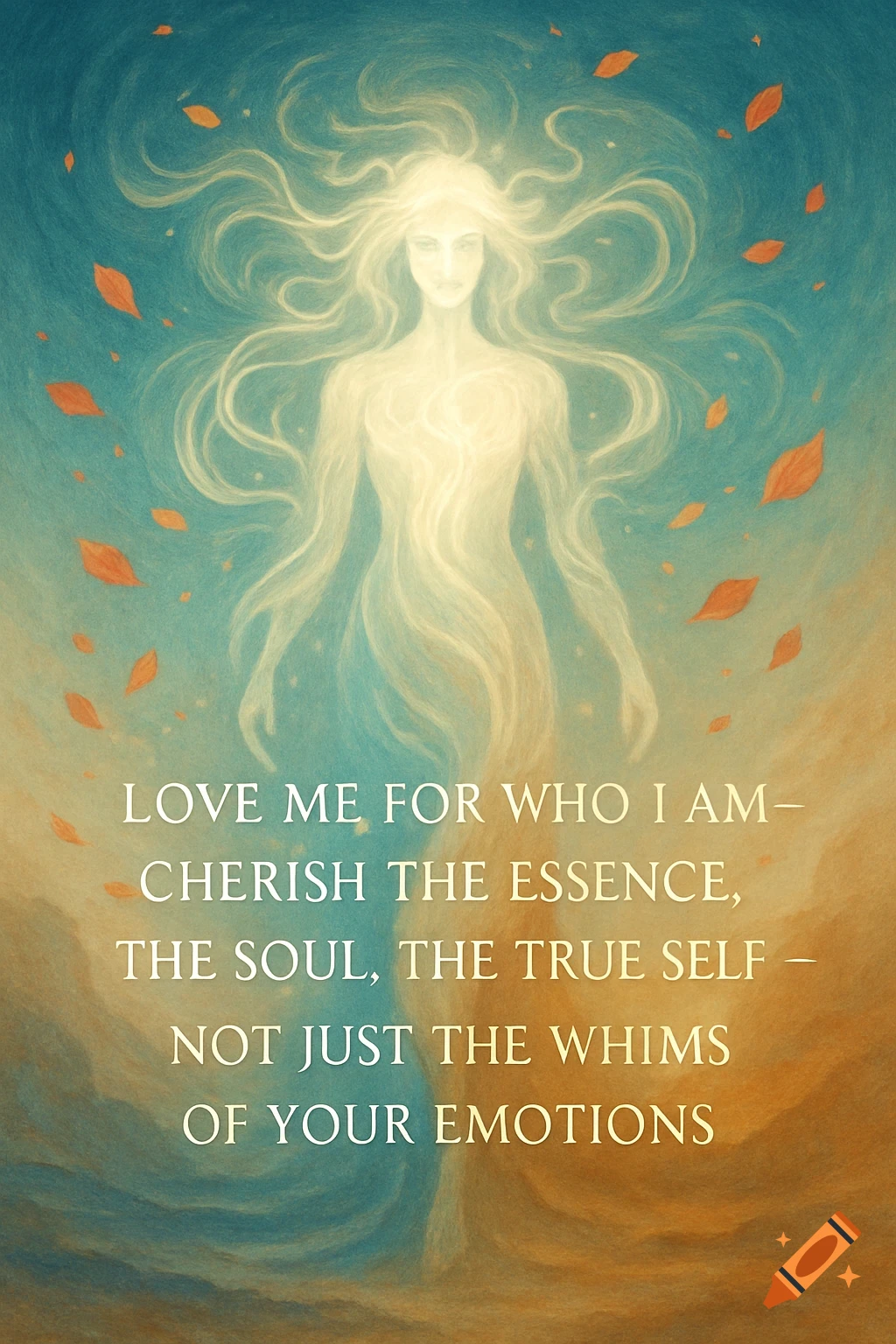 An ethereal, glowing female figure with flowing hair, standing against a teal and golden background with falling orange leaves. Motivational text is overlaid.
