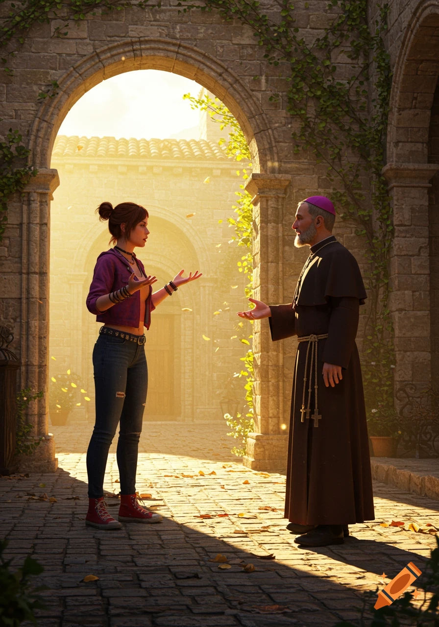 A woman in a purple jacket and jeans faces a man in a brown religious habit under a sunlit stone archway, both with open hands.
