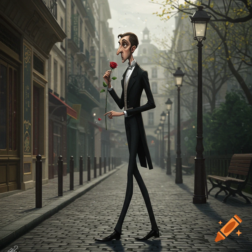 A tall, lanky cartoon man with a long nose in a tuxedo walks a cobblestone Parisian street holding a red rose.