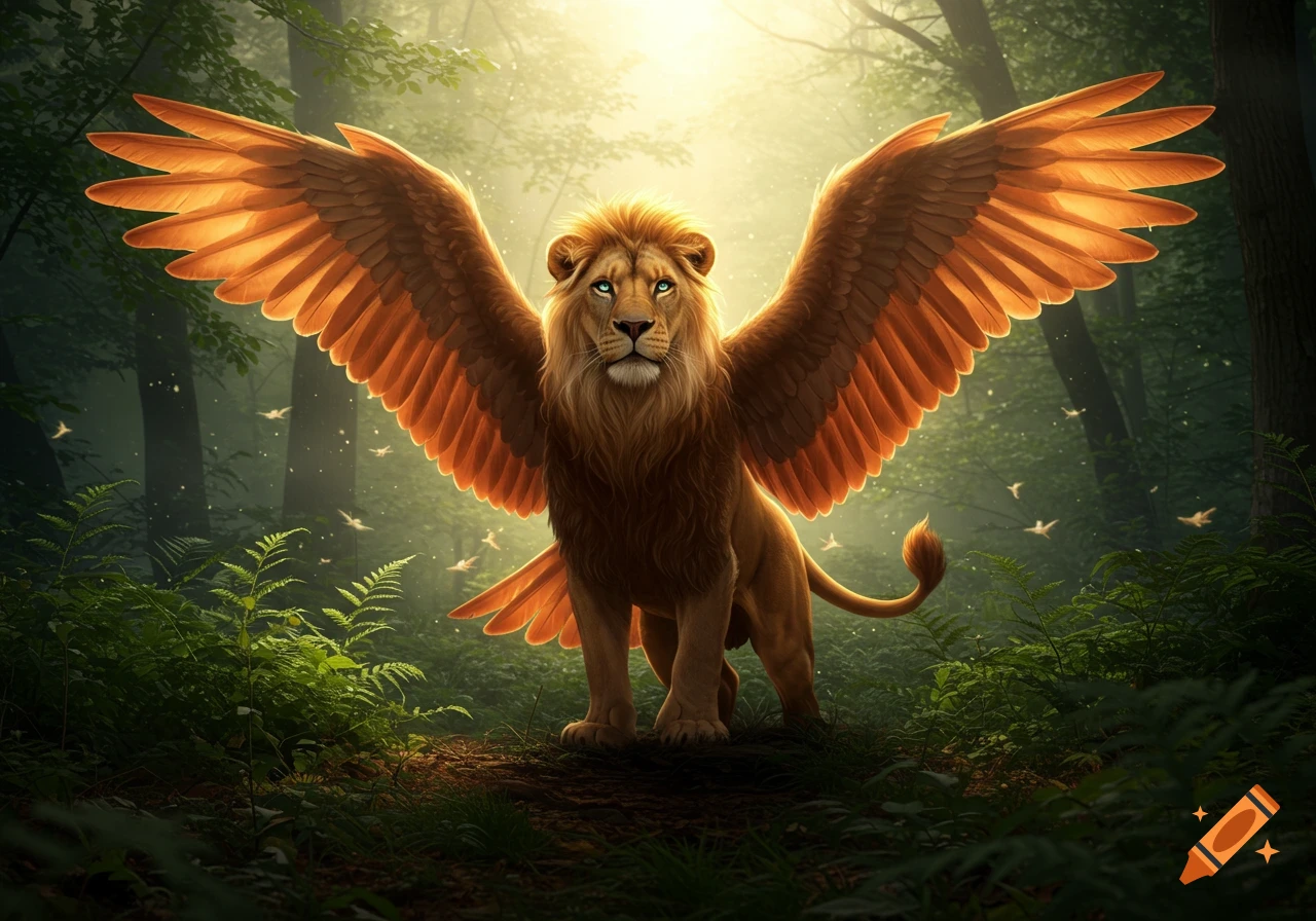 A majestic winged lion stands in a lush, sunlit forest, with large golden-orange wings spread wide.