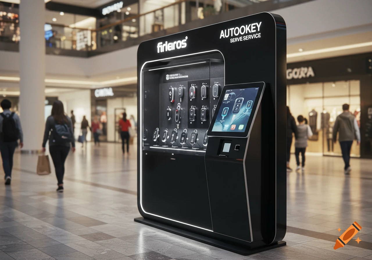 Photorealistic image of a black car key service kiosk with a digital display, located in a bright shopping mall with blurred people walking by.