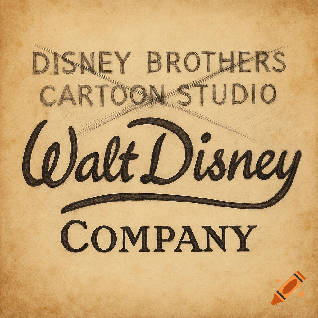 Vintage-style Walt Disney Company logo with 'Disney Brothers Cartoon Studio' crossed out above the script 'Walt Disney' and 'COMPANY' below, on a textured paper background.