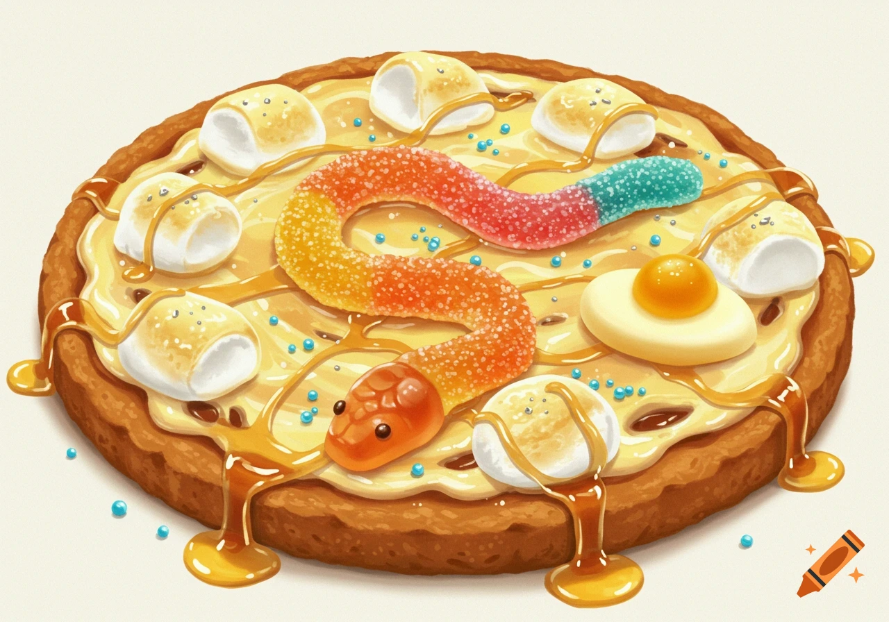 A colorful, cartoon-style sweet pizza topped with a gummy snake, melted marshmallows, blue sprinkles, and golden honey drizzle.