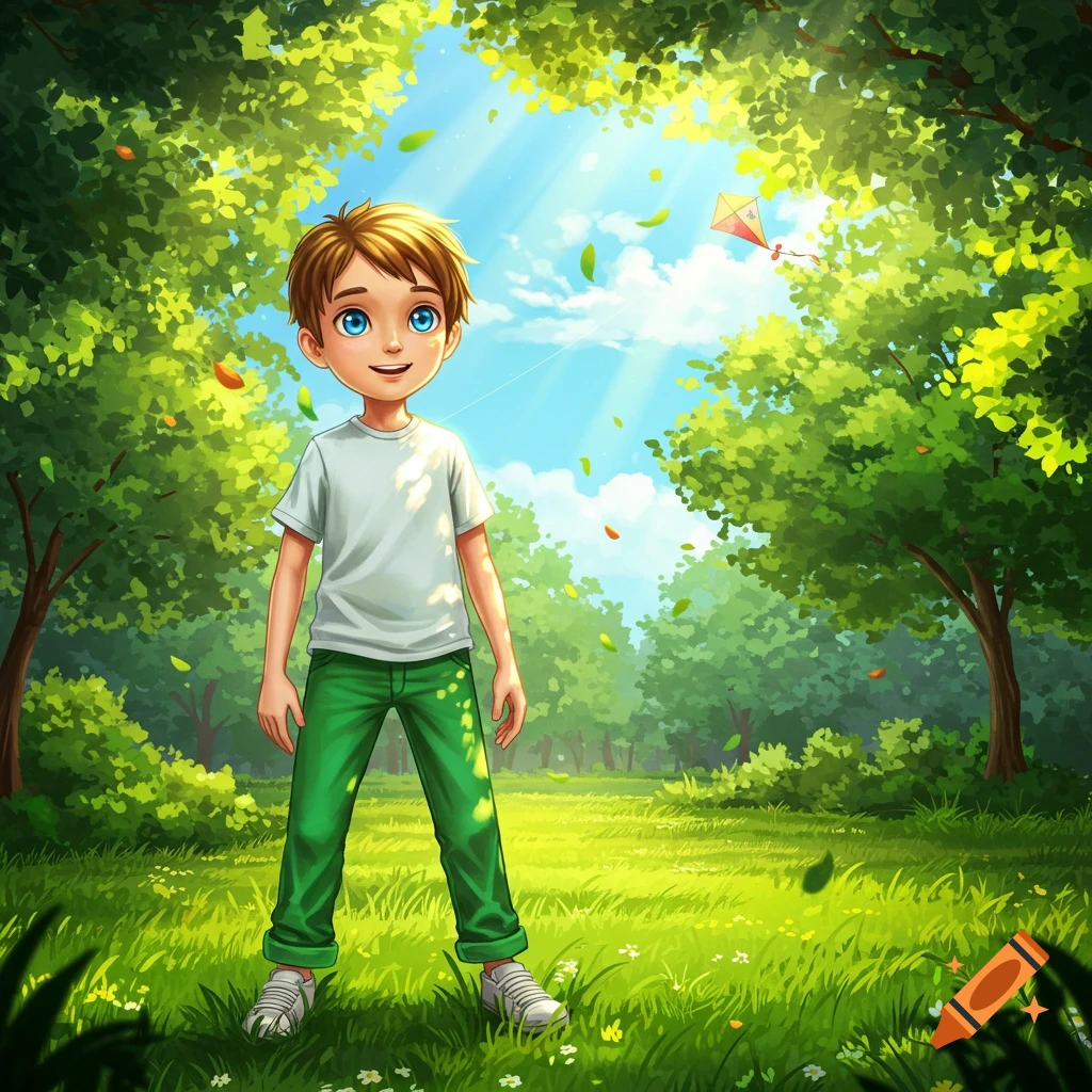 A smiling cartoon boy with blue eyes, brown hair, a white t-shirt, and green pants stands in a lush, sunlit forest with a kite flying.