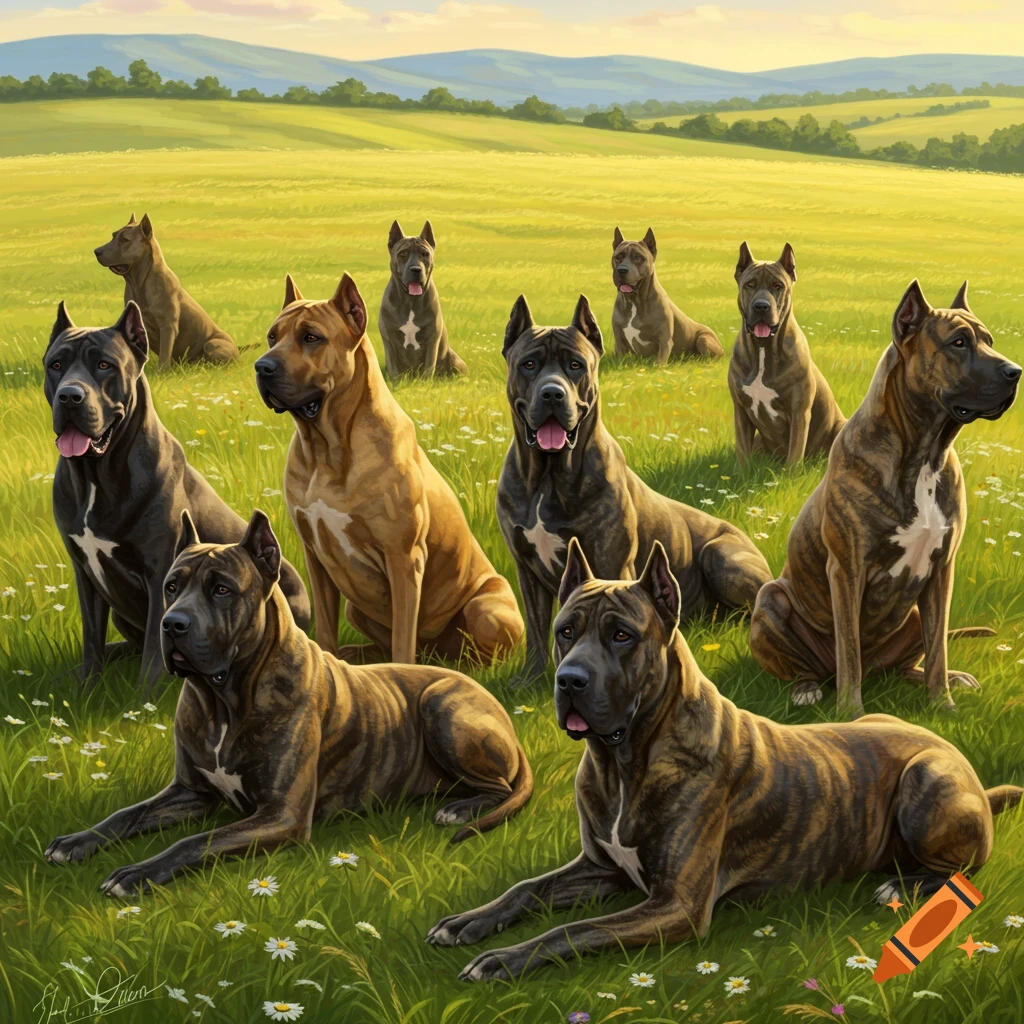 Multiple Presa Canario dogs sit and lie in a sunny green field with white flowers and rolling hills in the background.