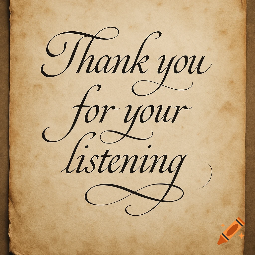 Elegant black script reads 'Thank you for your listening' on aged, textured parchment paper.