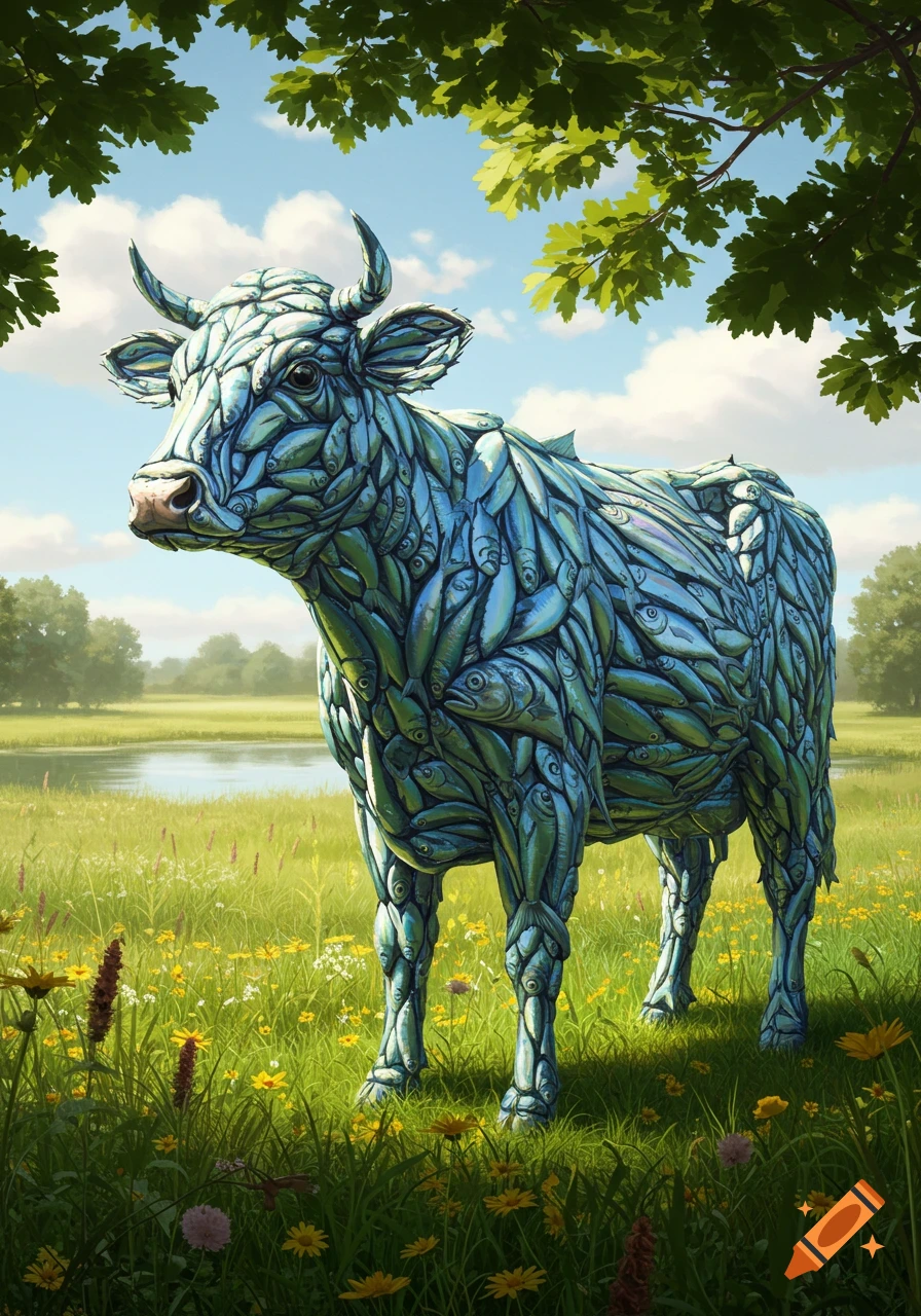 A cow composed entirely of blue and green fish stands in a vibrant green field with wildflowers under a blue sky, framed by tree branches.