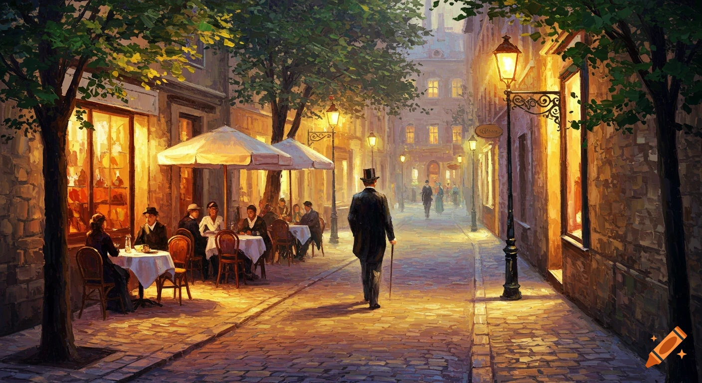 An impressionistic painting of a man in a top hat walking down a cobbled street with cafes, trees, and glowing lampposts at dusk.