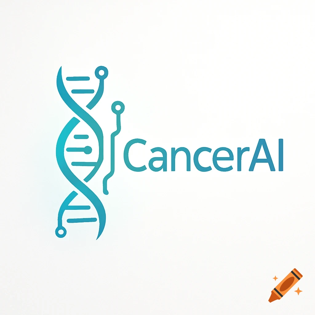 A teal logo with a DNA helix connected to circuit lines and the text 'CancerAI' on a white background.
