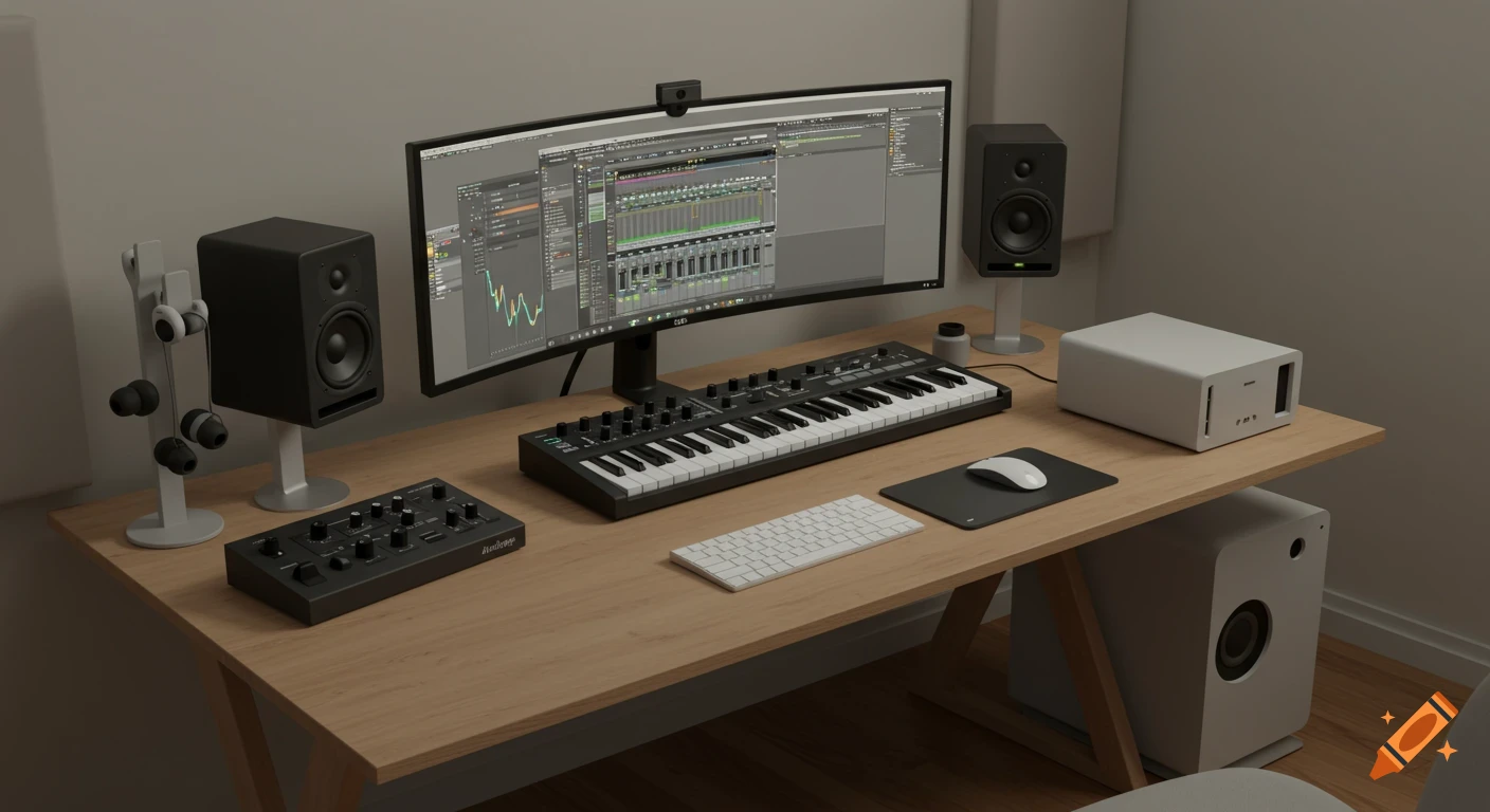 A modern, compact home studio setup with a curved monitor, MIDI keyboard, speakers, and various audio gear on a wooden desk.